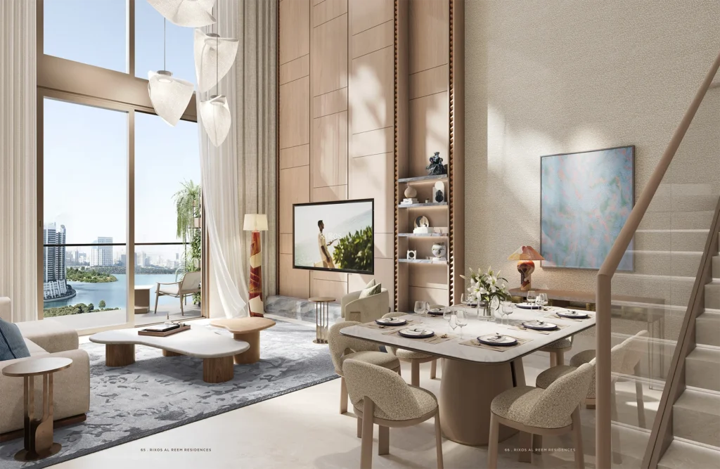 Double-height living and dining interior at Rixos Al Reem Residences Abu Dhabi