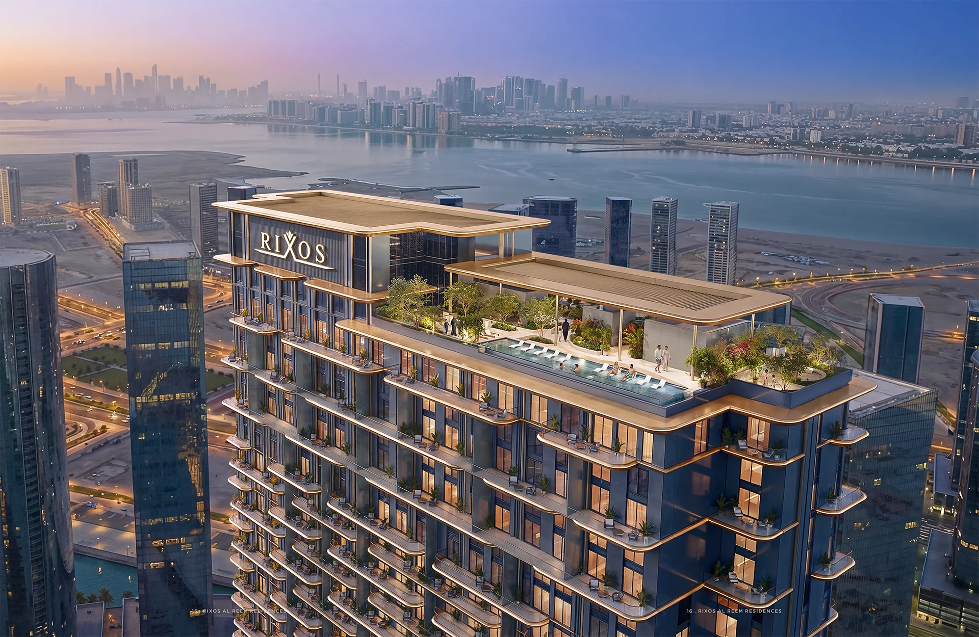 Aerial rooftop view of Rixos Al Reem Residences tower on Al Reem Island, Abu Dhabi